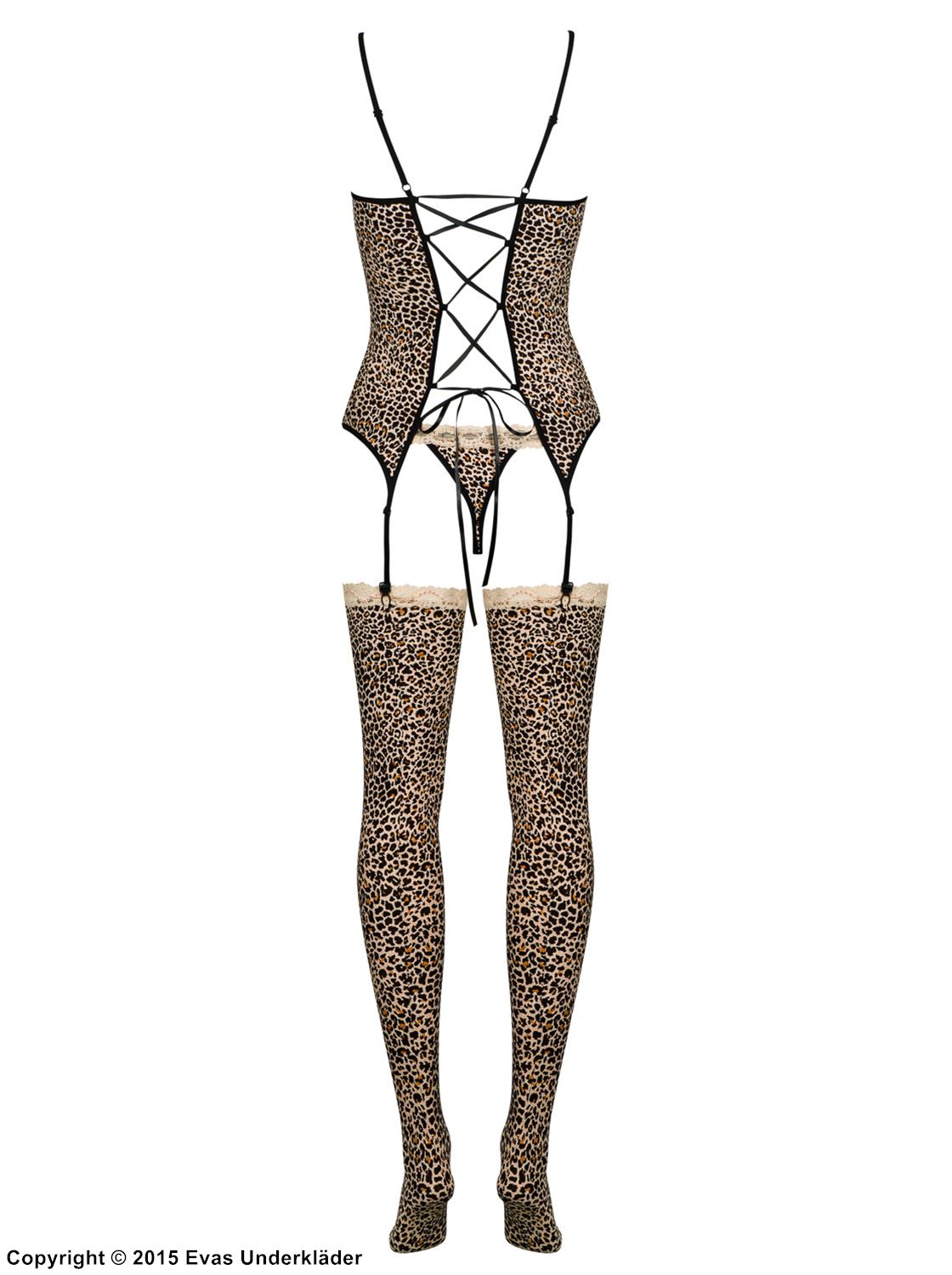 Leopard print bodystocking lingerie set, 3 pcs